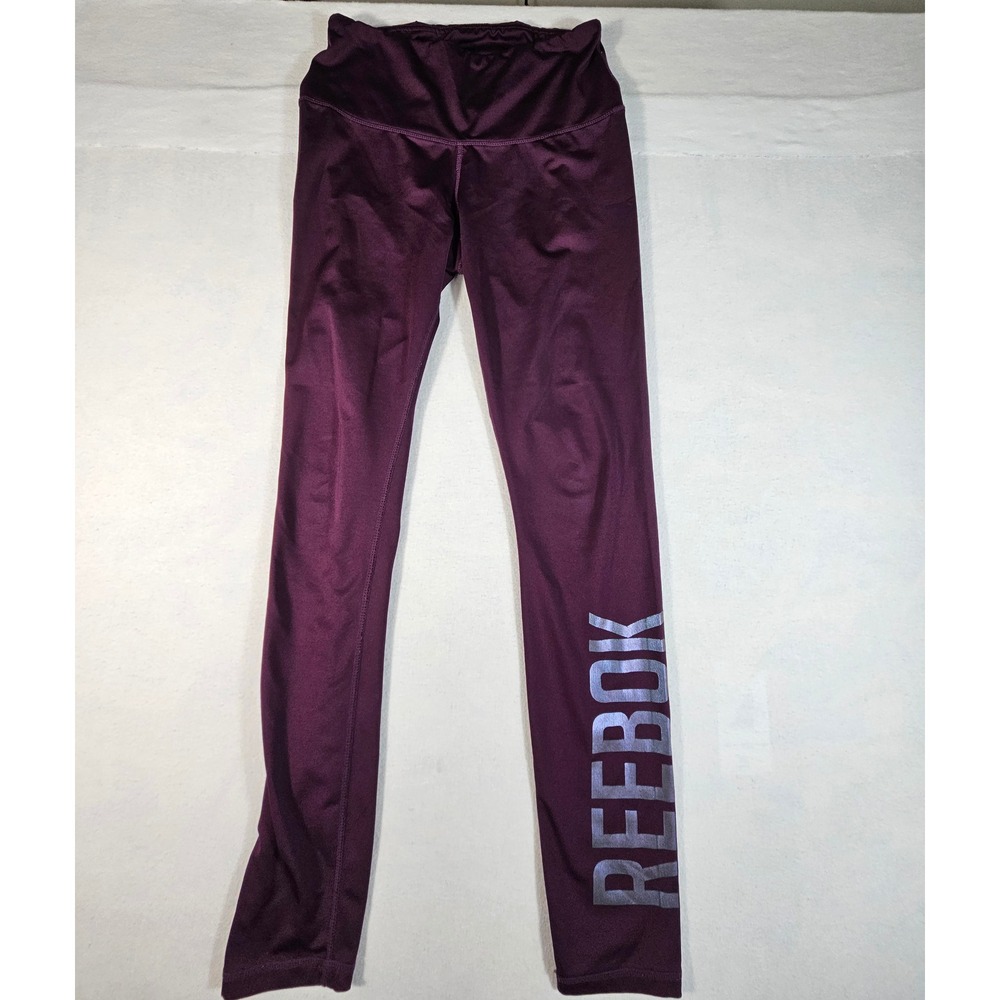 Reebok Womens High Waisted Logo Leggings Plum Purple Metallic Silver Size Medium